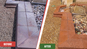 A before-and-after comparison of a red concrete fountain plagued with white hard water mineral stains. The 'after' side shows the mineral deposits are completely gone, fully restoring the fountain's original deep red color after our specialized cleaning and restoration process.