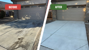 Before and after image of a concrete driveway in Phoenix with deep-set oil stains. The 'before' side shows the dark, ugly stains, while the 'after' side is completely clean after a professional hot-water pressure washing.