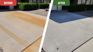 Before and after image of a concrete driveway in Chandler plagued by a large, orange rust stain. The 'before' side shows the ugly blemish, while the 'after' side shows the concrete is perfectly clean and spotless after a successful rust removal service.