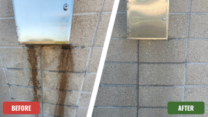A before-and-after comparison of a masonry block wall with deep, running stains from rust or irrigation. The 'after' section shows the stains completely removed and the wall's original appearance fully restored after a specialized cleaning treatment.