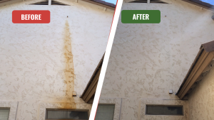 Before and after comparison of a stucco house in Scottsdale, with the 'before' side showing dark streaks and dust, and the 'after' side looking bright and clean from a professional house washing service.