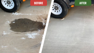 Before and after comparison of a concrete driveway with a large, dark motor oil stain. The 'before' side shows the soaked-in stain, and the 'after' side shows the concrete is completely clean after a professional degreasing and pressure washing treatment.