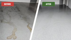 Transforming a stained garage into a clean, functional space. This before-and-after photo shows how we safely remove spills from an epoxy floor, leaving it with a glistening, showroom-quality finish.