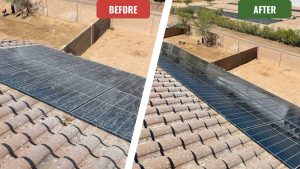 A before-and-after comparison of residential solar panels on a Phoenix roof. The 'before' side is covered in a thick layer of performance-hindering dust, while the 'after' side is sparkling clean after a professional cleaning, restoring their energy efficiency