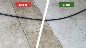 Before and after image of a travertine tile patio in Mesa. The 'before' side shows dirty grout lines and a dull, grimy surface, while the 'after' side is bright and clean, revealing the stone's natural beauty after a professional patio cleaning.