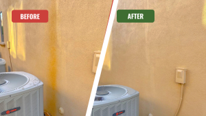 Before and after photo of a painted house exterior in Phoenix with ugly rust stains. The 'before' view shows orange stains dripping down the wall, while the 'after' view shows the paint perfectly clean after a professional rust removal treatment.